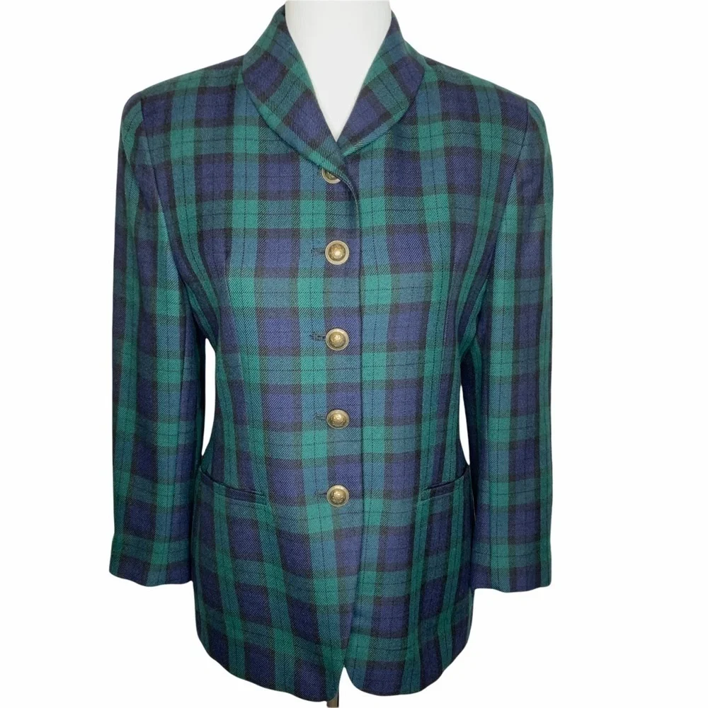 Y2K Rena Rowan Saville Wool Blend Tartan Plaid Blazer Brass Buttons Size 10P